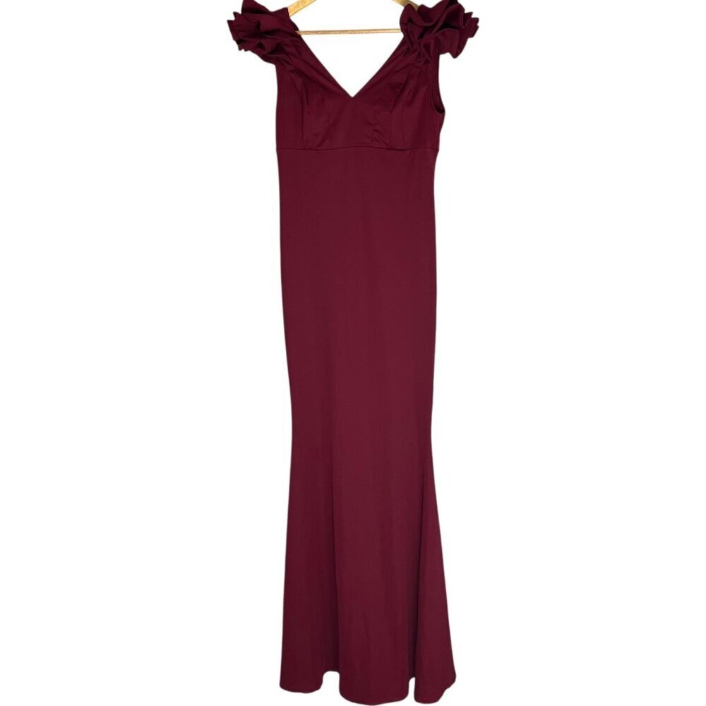 Amazon Women's L Ruffled Cap Sleeve Maxi Dress Maroon Red Maxi Eveningwear